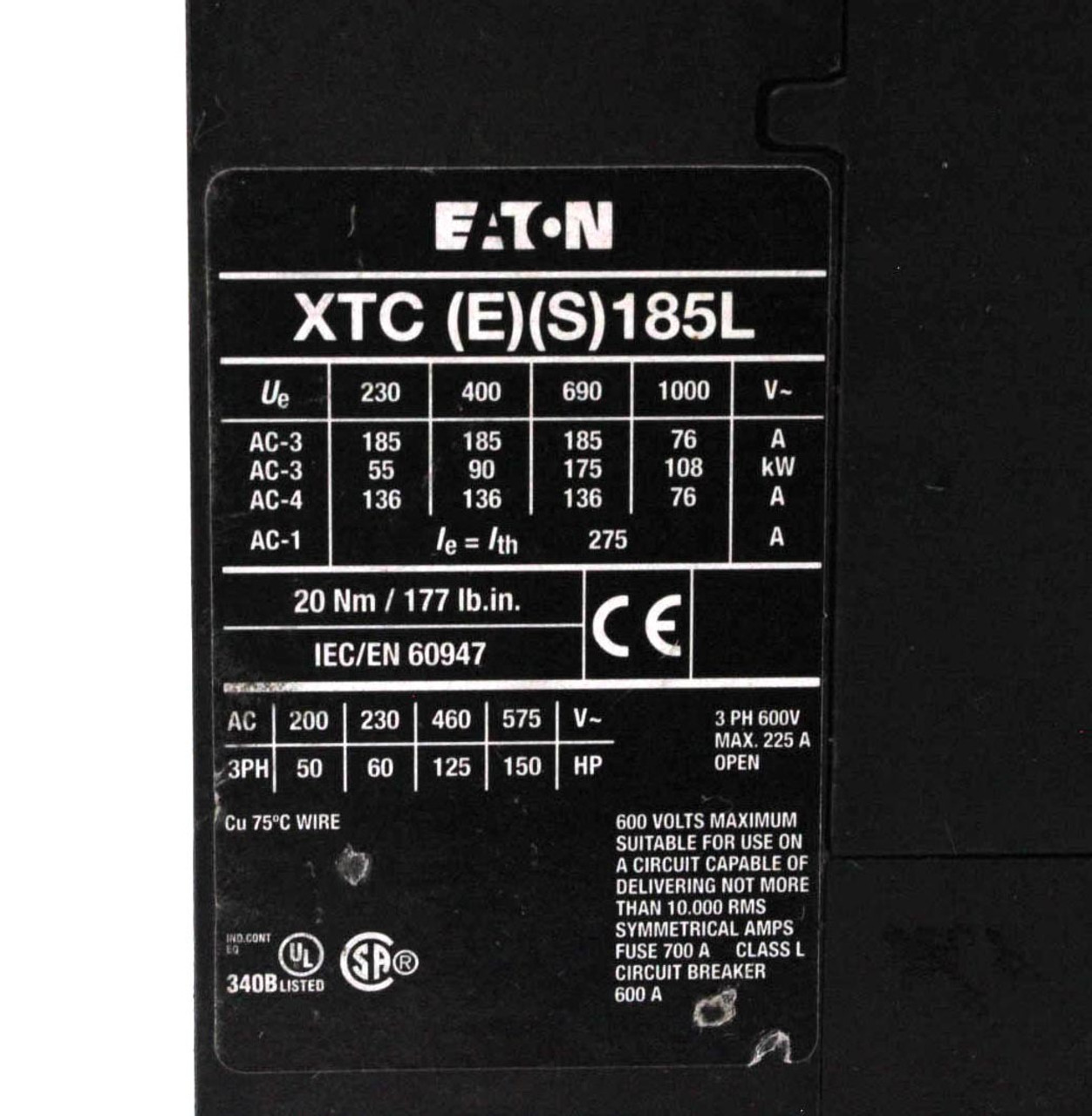 Eaton XTCE185L Contactor 225A 600Vm 3P 3PH 24-48V Coil w/2 Auxiliary XTCEXS BN11