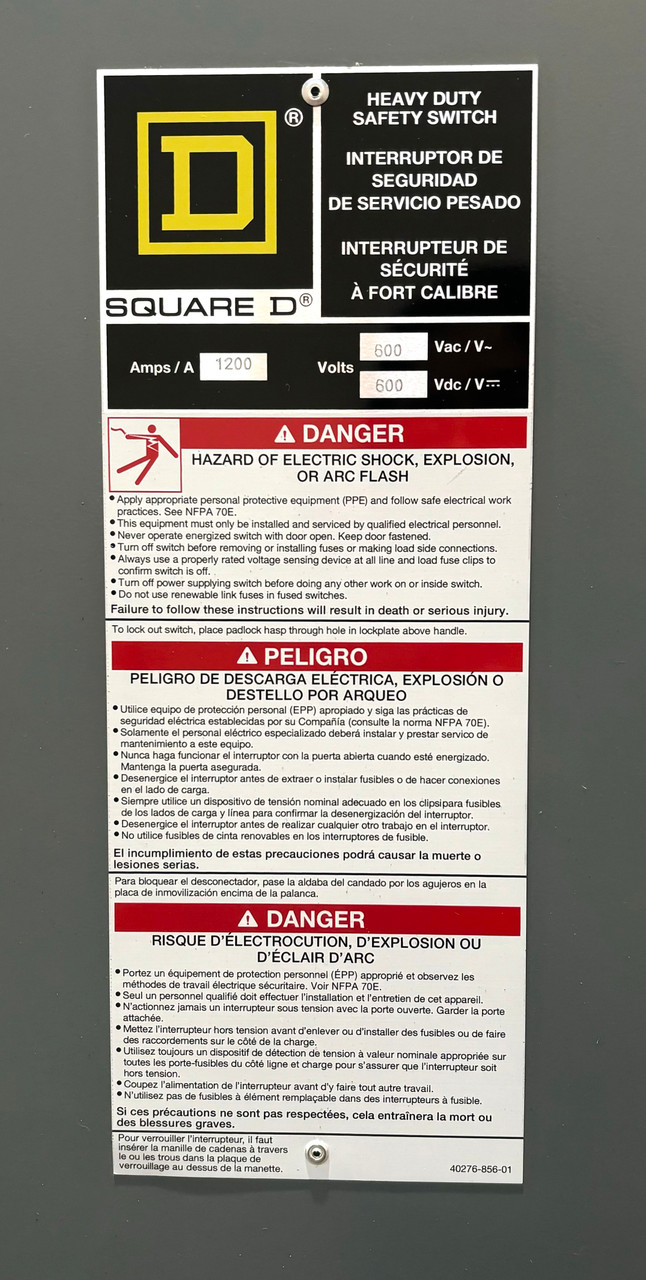 Square D H368NR Disconnect 1200A 600V 3P W/Neutral H1200SNE4 NEMA 3R Fusible Heavy Duty