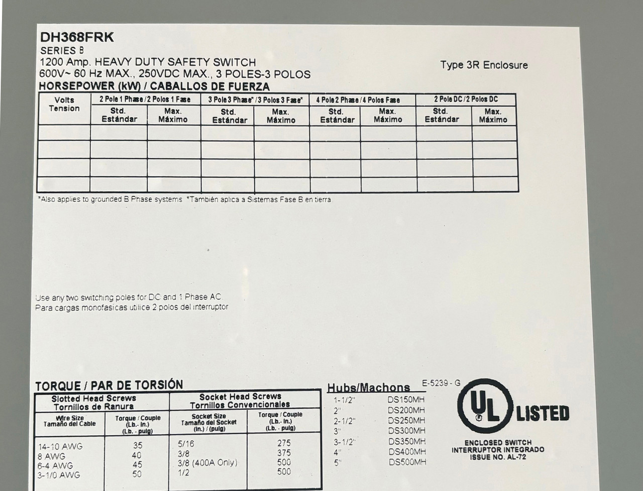 Eaton DH368FRK Safety Switch 1200A 600V 3P 3W NEMA 3R Class L Fusible Without Neutral