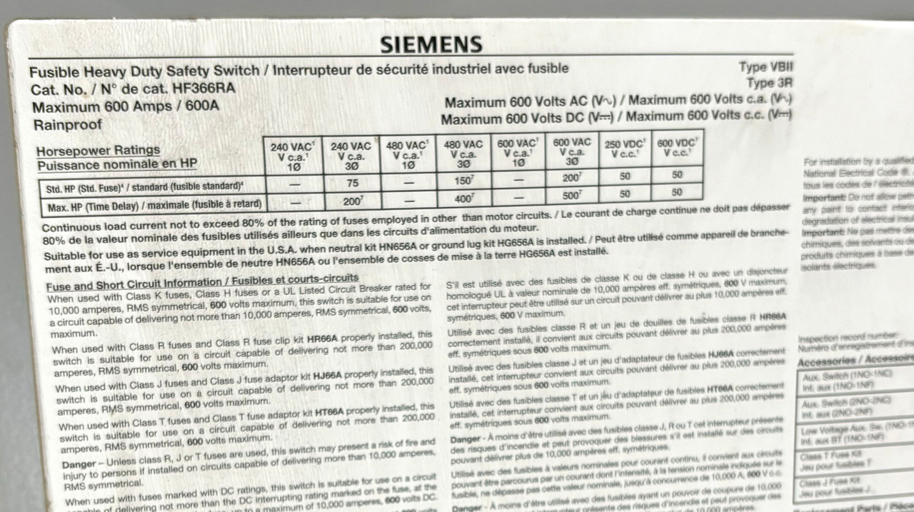 Siemens HF366RA Safety Switch 600A 600V 3P 3W 200kA NEMA 3R Fusible Disconnect