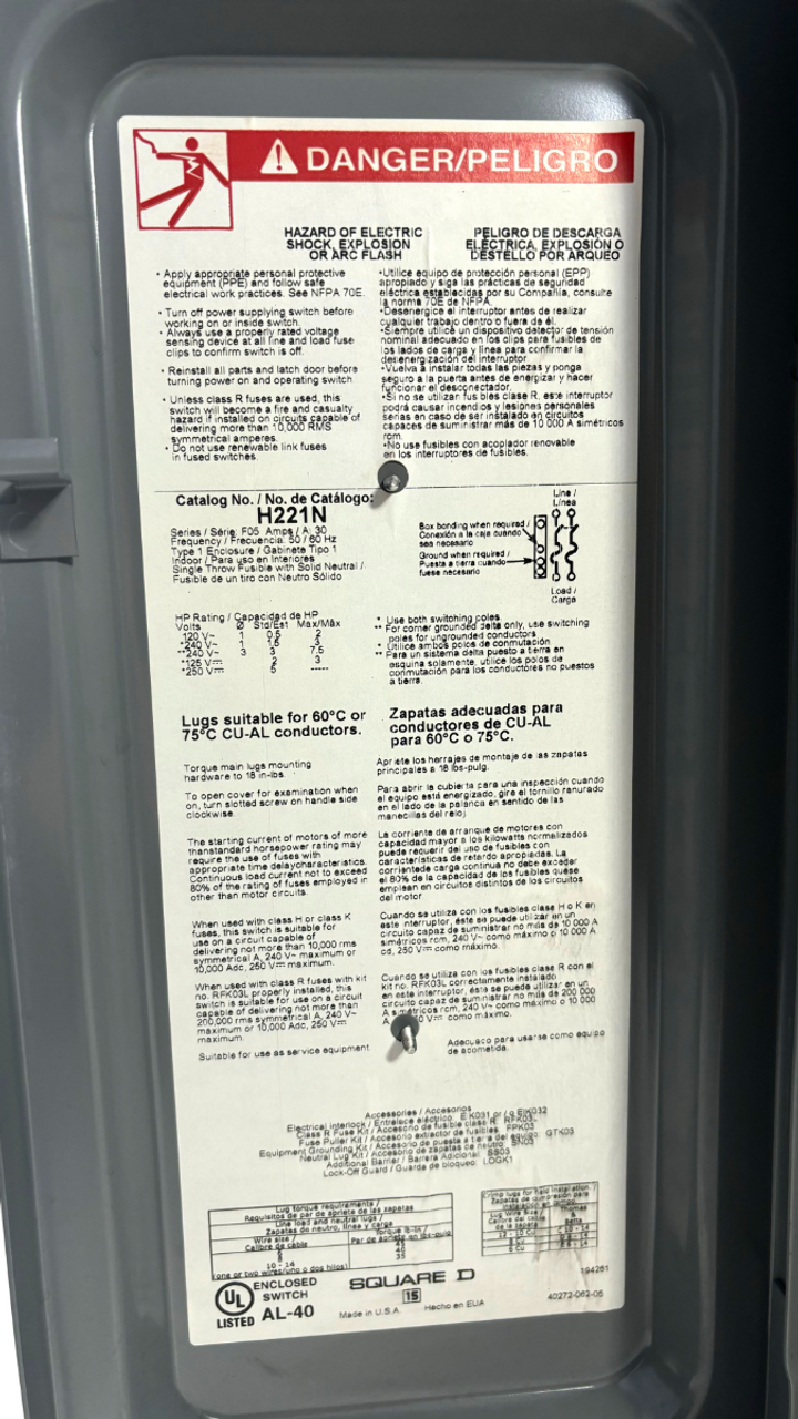 Square D H221N Safety Switch 30A 240V 2P 3W 1 Neutral 7.5HP NEMA 1 Fusible Heavy Duty