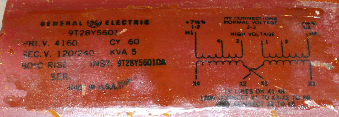 General Electric 9T28Y5601 Transformer 5kVA Pri: 4160V Sec: 120/240V Ratio 35:1