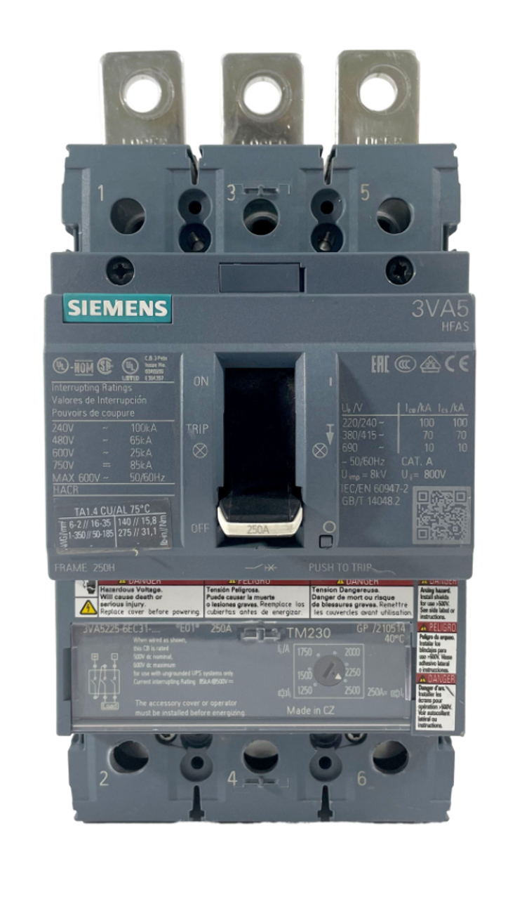 Siemens 3VA5 Breaker with 3VA5225-6EC31-0AA0 Trip Unit 250A 600V 3P 3PH 25kA