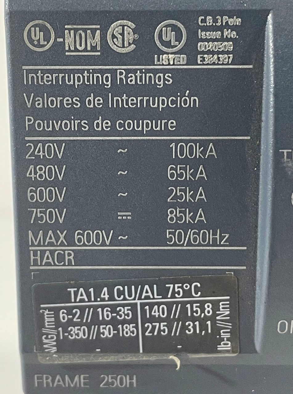 Siemens 3VA5 Breaker with 3VA5225-6EC31-0AA0 Trip Unit 250A 600V 3P 3PH 25kA