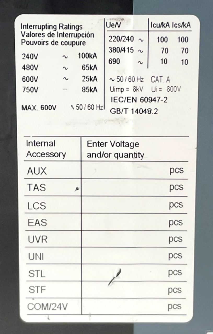 Siemens 3VA5 Breaker with 3VA5225-6EC31-0AA0 Trip Unit 250A 600V 3P 3PH 25kA