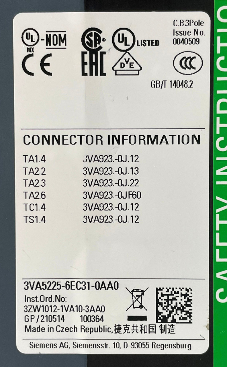 Siemens 3VA5 Breaker with 3VA5225-6EC31-0AA0 Trip Unit 250A 600V 3P 3PH 25kA