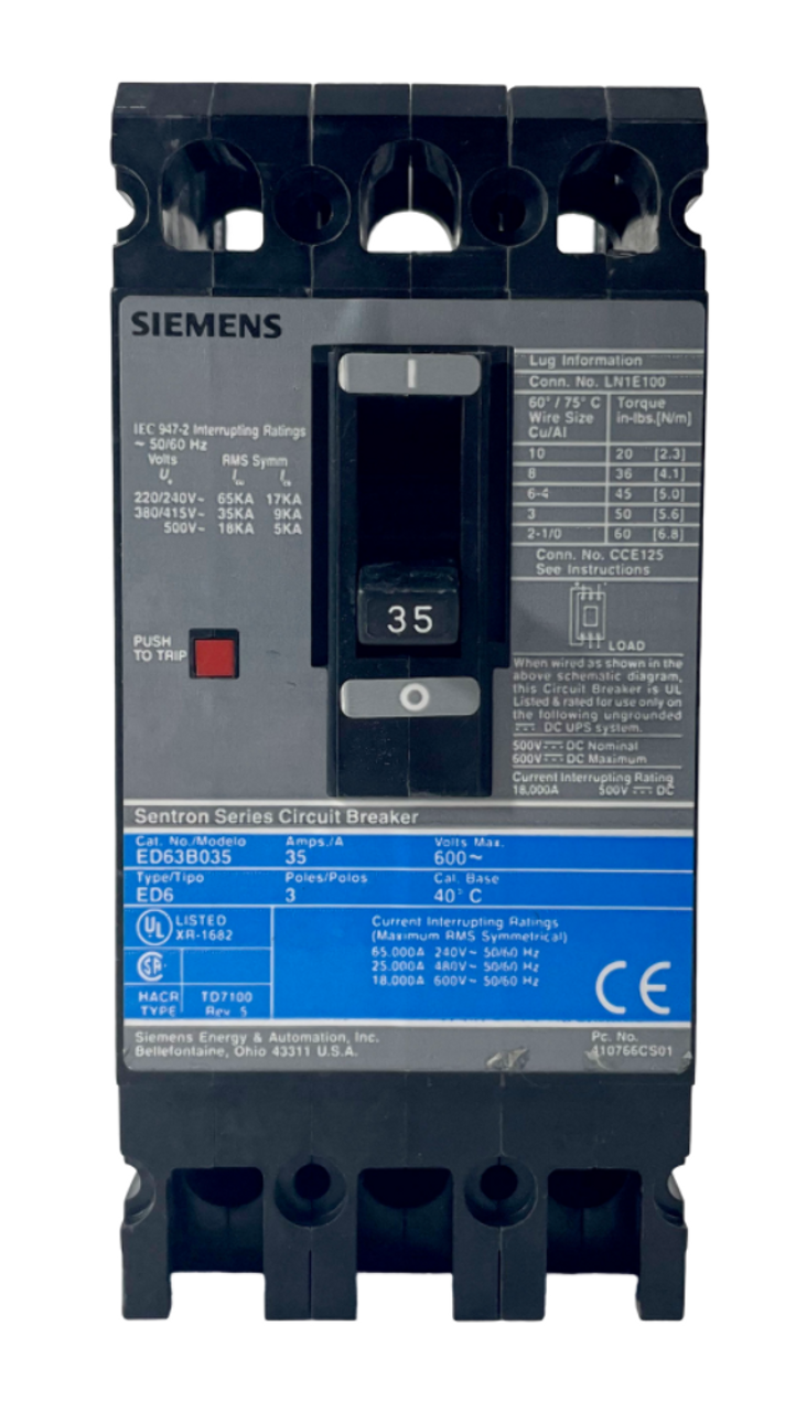 Siemens ED63B035 Sentron Series Breaker 35A 600V 3P 18kA Thermal Mag Trip Unit