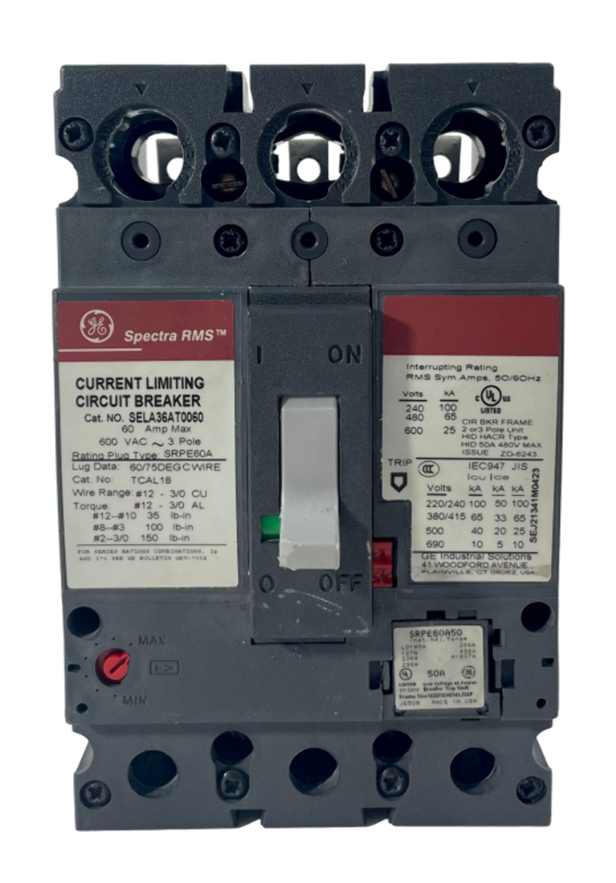 GE SELA36AT0060 Spectra RMS Breaker 60A 600V 3P 25kA with Rating Plug SRPE60A50