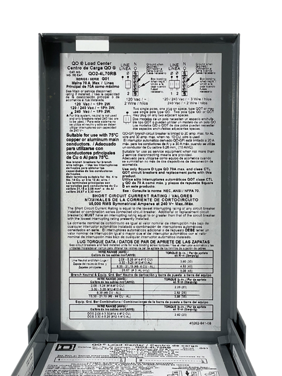 Square D QO24L70RB Load Center 70A Max 120/240V 1PH 3W NEMA 3R 2 Spaces