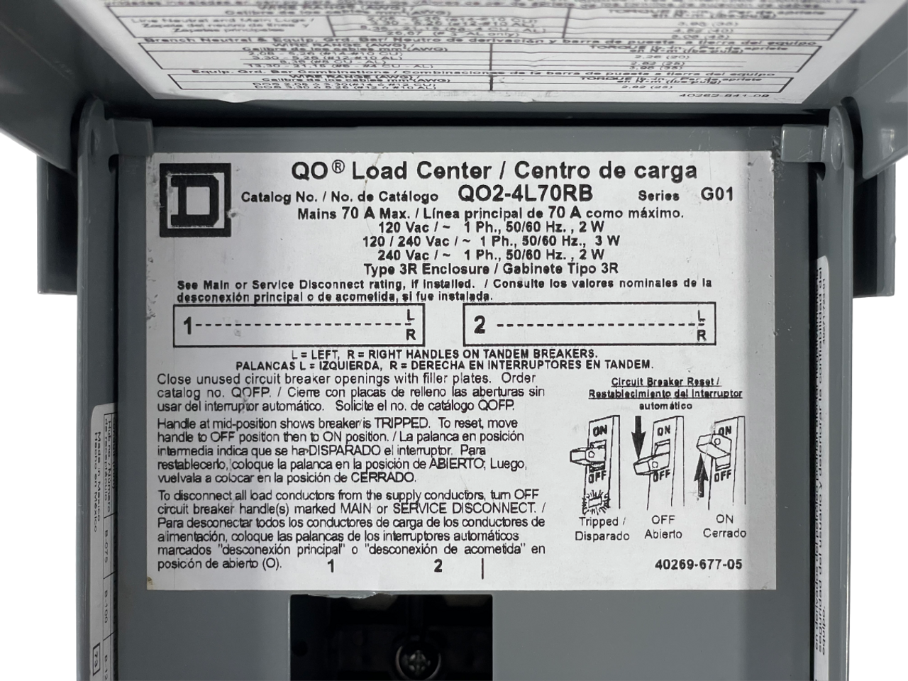 Square D QO24L70RB Load Center 70A Max 120/240V 1PH 3W NEMA 3R 2 Spaces