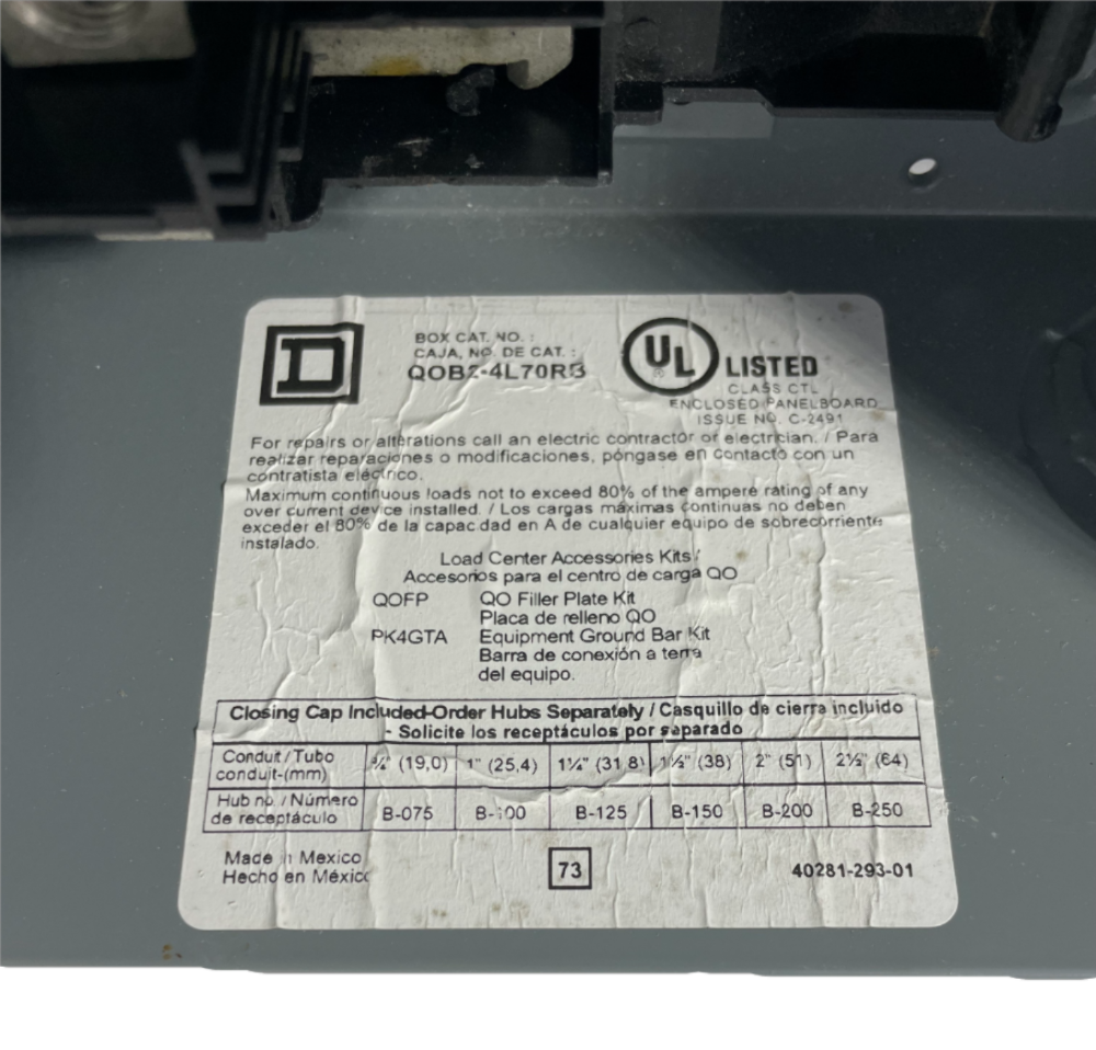 Square D QO24L70RB Main Lug Load Center | 70A Max | 120/240V | 1PH 3W | 2 Spaces | NEMA 3R Outdoor