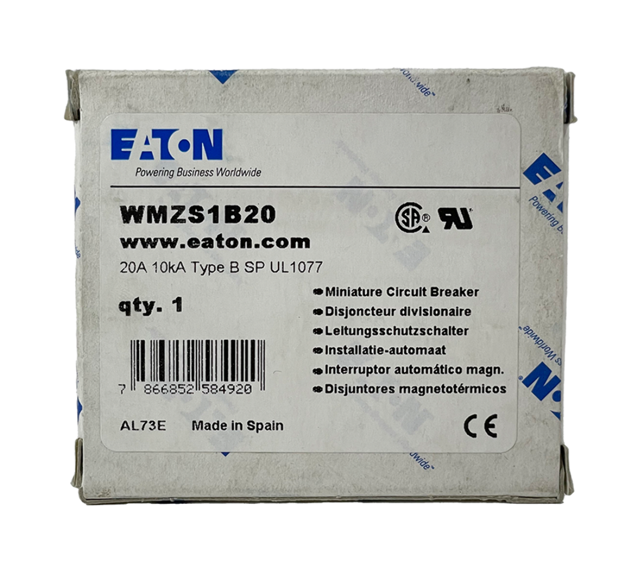 Eaton WMZS1B20 Breaker 20A 277V 1P 1PH 10kA Type B DIN Rail Trip Indicator Standard Terminal