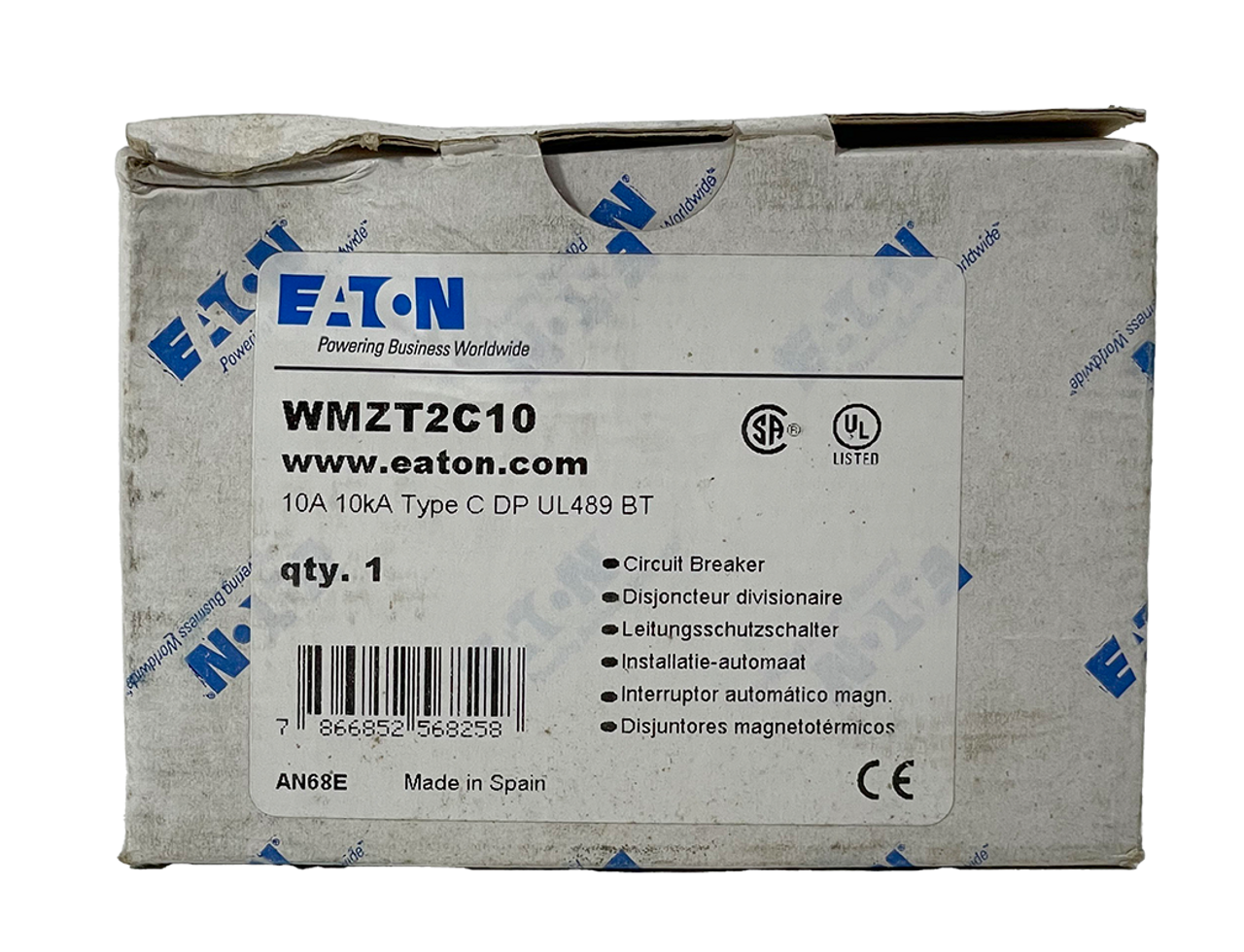 Eaton WMZT2C10 Breaker 10A 277/480V 2P 1PH 10kA Type C DIN Rail Feed-Thru LI