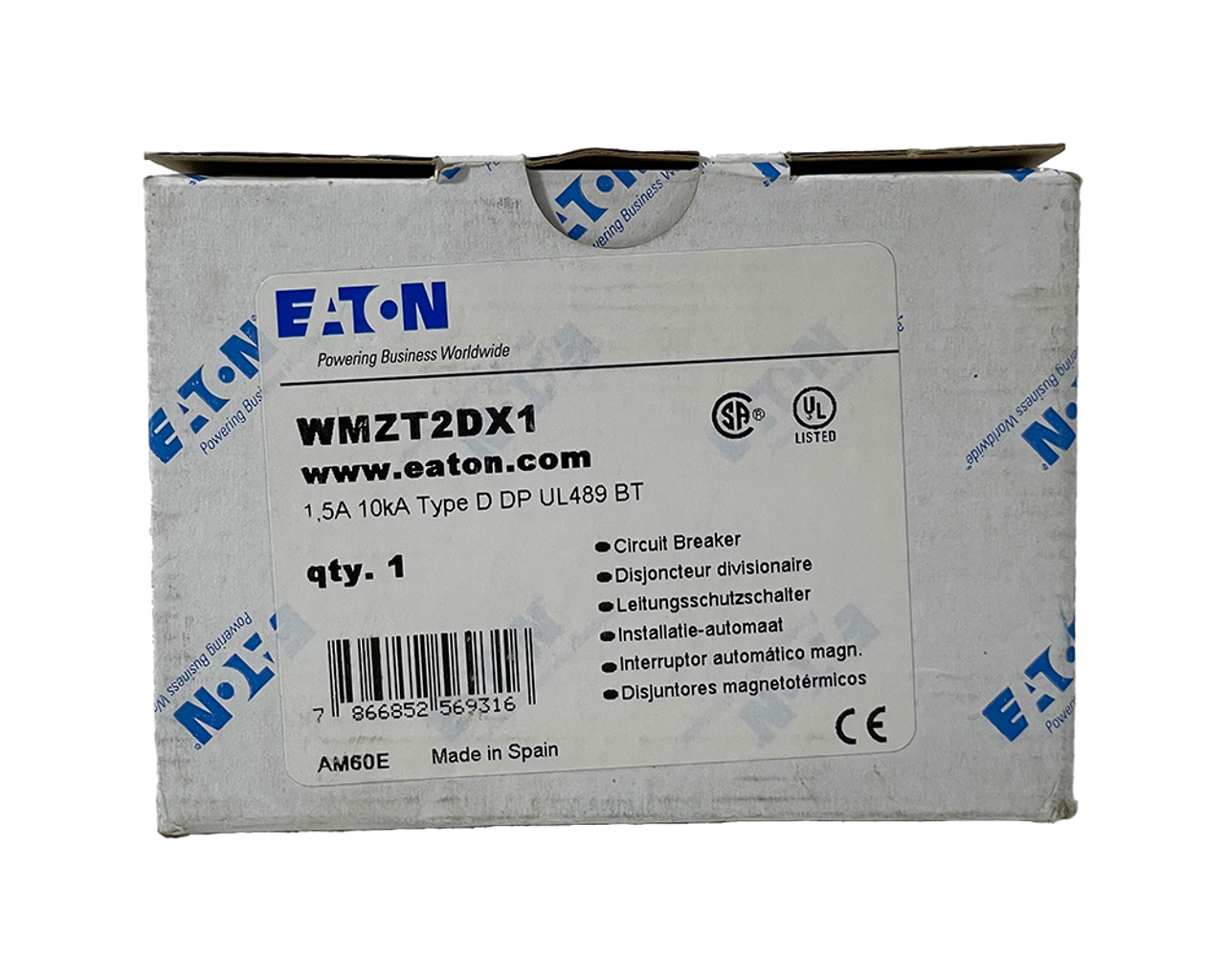 Eaton WMZT2DX1 Breaker 1.5A 480/277V 2P 1PH 10kA Type D DIN Rail Current Limiting