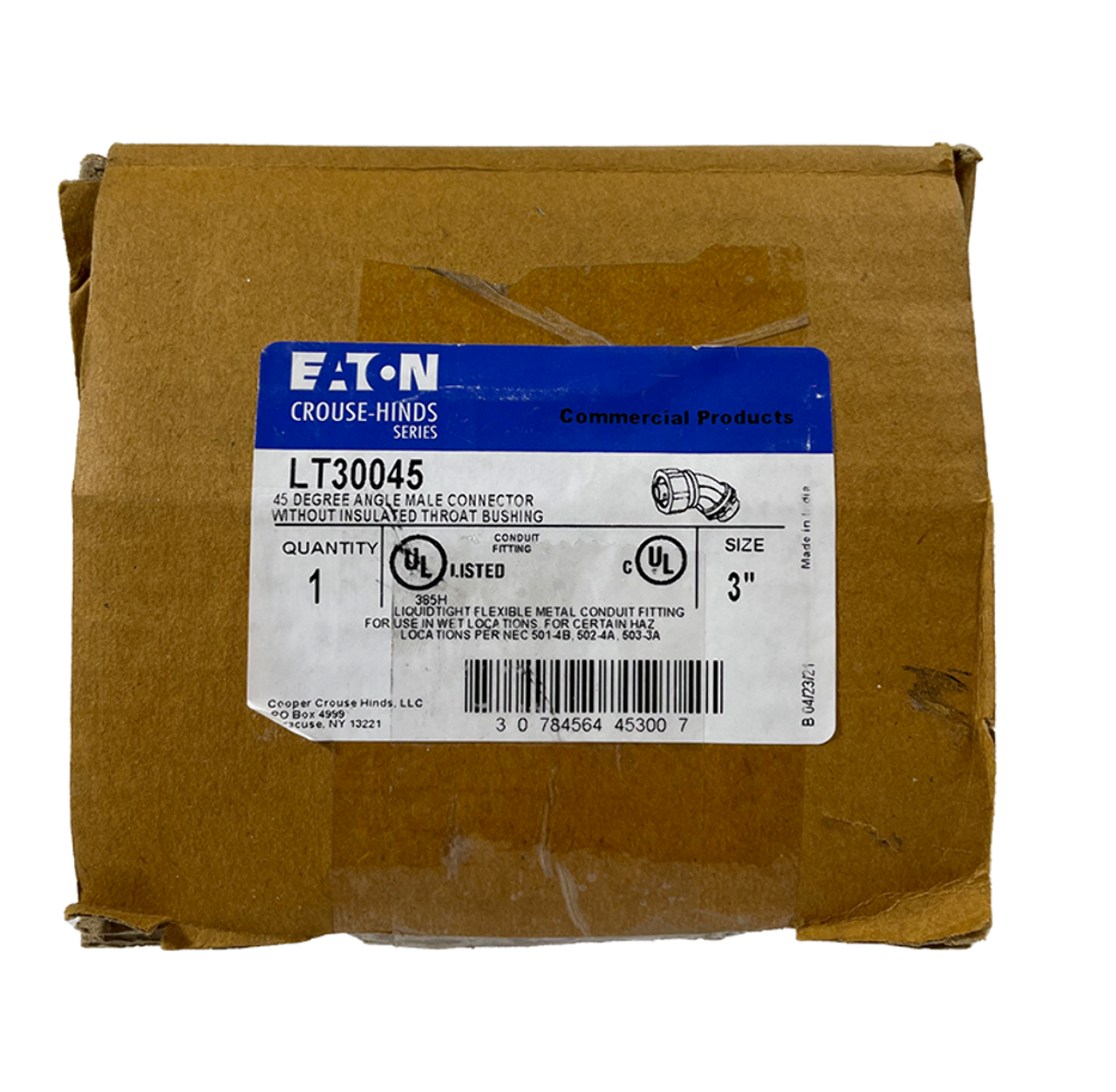 Eaton LT30045 Liquidator Liquidtight Connector 3 Inch 45 Degree FMC Non-Insulated