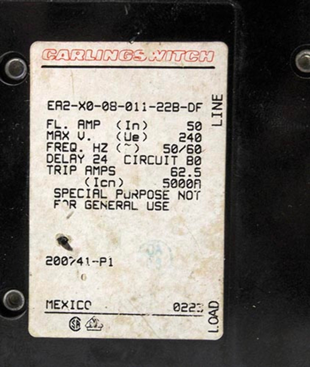 Carling EA2-X0-08-011-228-DF Breaker 50A 240V 2P 62.5 Trip Amp