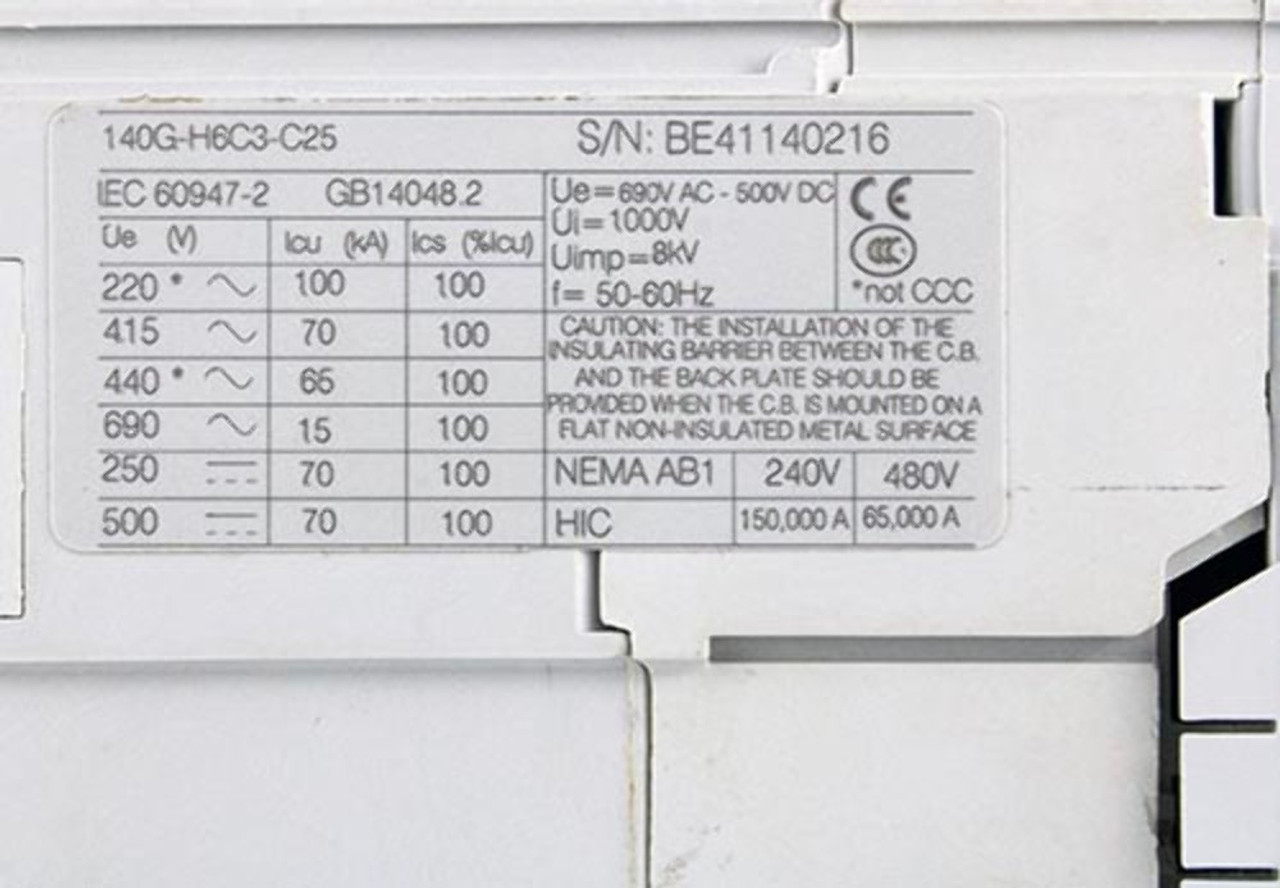 Allen-Bradley 140G-H6C3-C25-FB Breaker 25A 480/600V 3P 25kA with Auxiliary