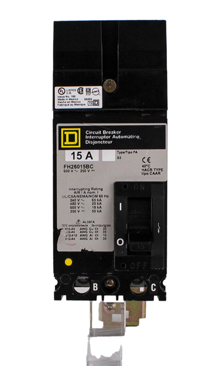 Square D FH26015BC Breaker 15A 600V 2P 18kA I-Line F Frame Thermal Magnetic