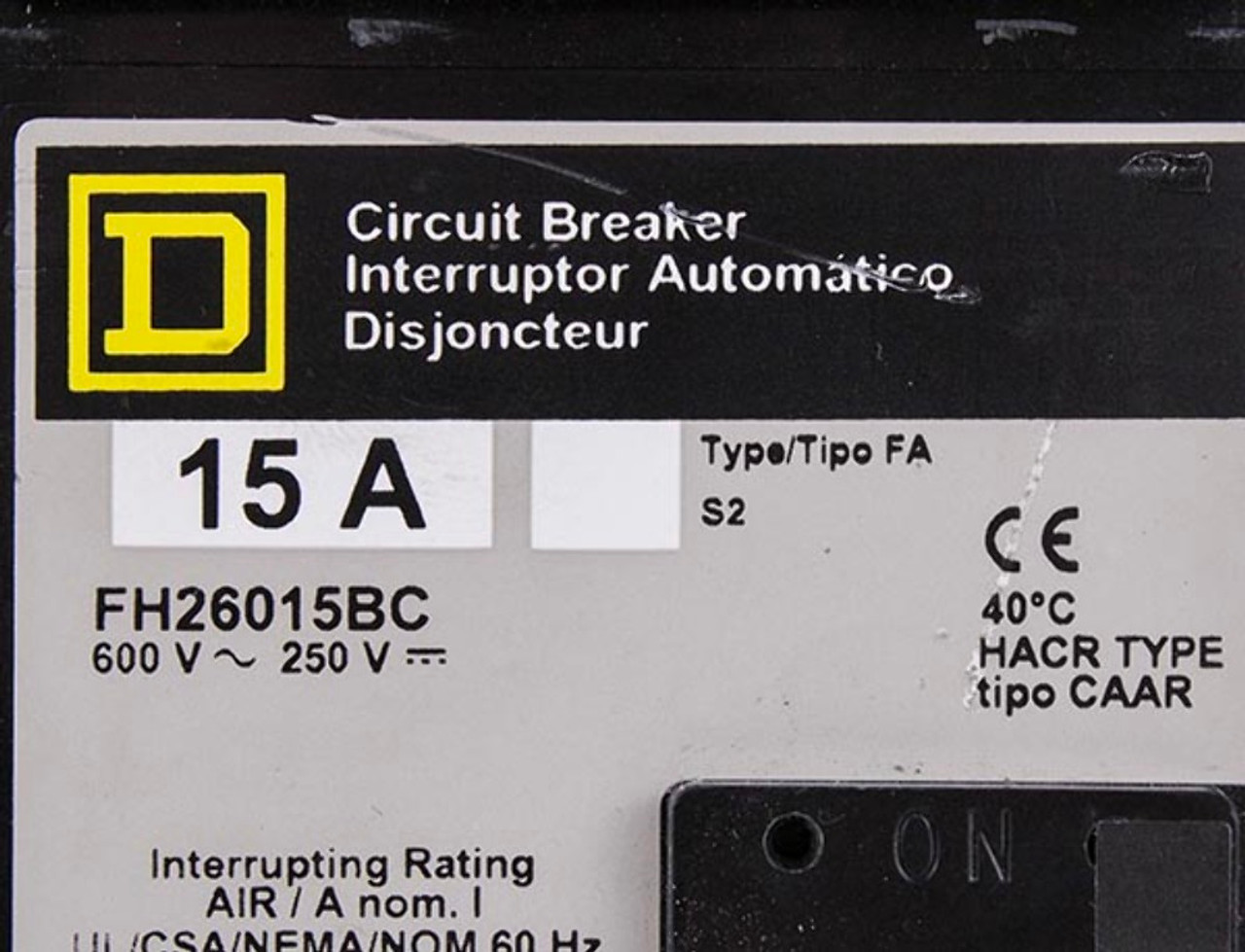 Square D FH26015BC Breaker 15A 600V 2P 18kA I-Line F Frame Thermal Magnetic