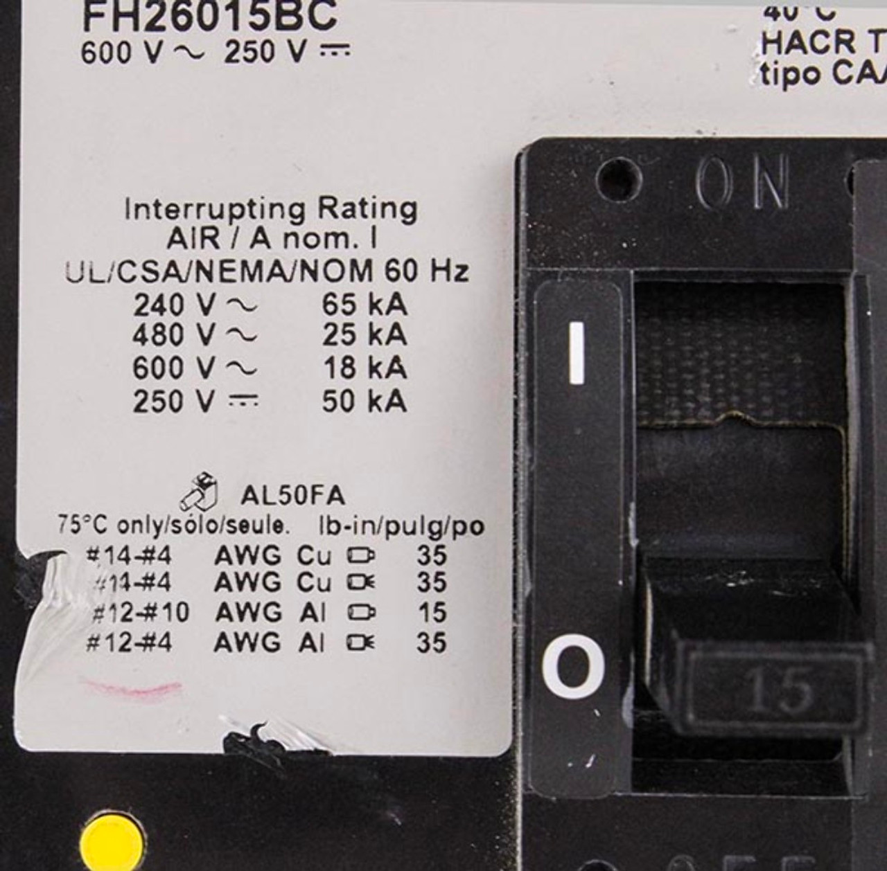 Square D FH26015BC Breaker 15A 600V 2P 18kA I-Line F Frame Thermal Magnetic