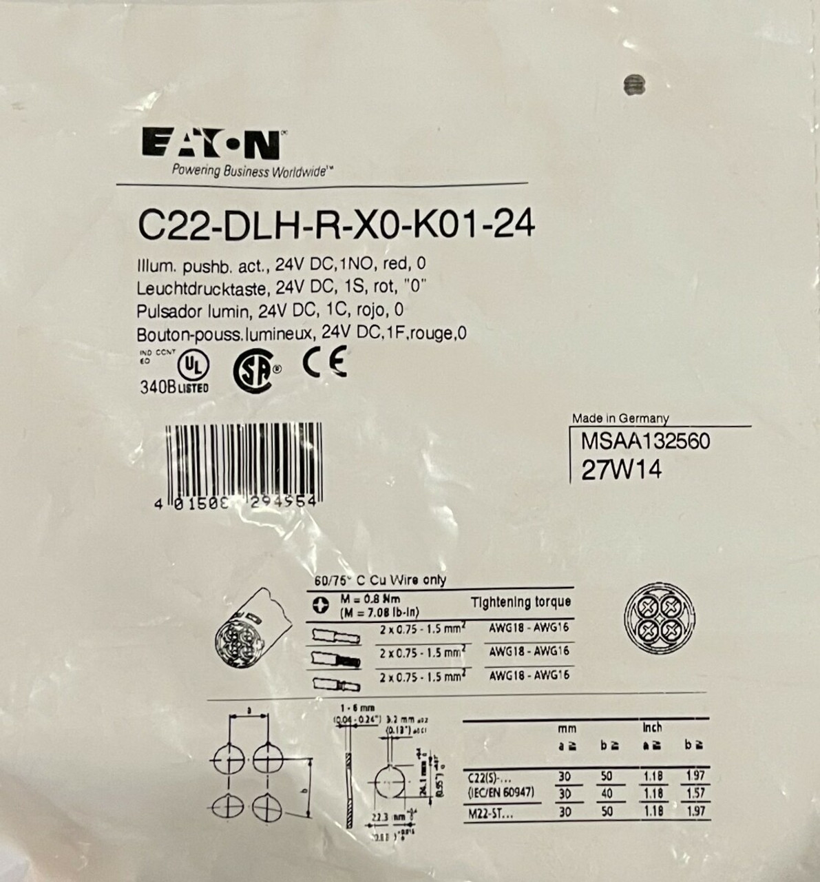 Eaton C22-DLH-R-X0-K01-24 Compact Pushbutton 22.5 mm 24V Red LED Illuminated