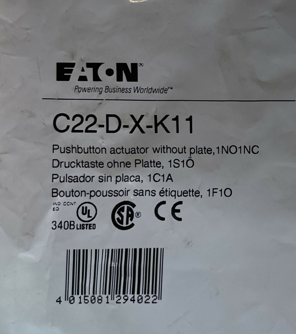 Eaton C22-D-X-K11 Compact Pushbutton 22.5mm 1NO 1NC Buttonless NEMA 4X Non-Illuminated