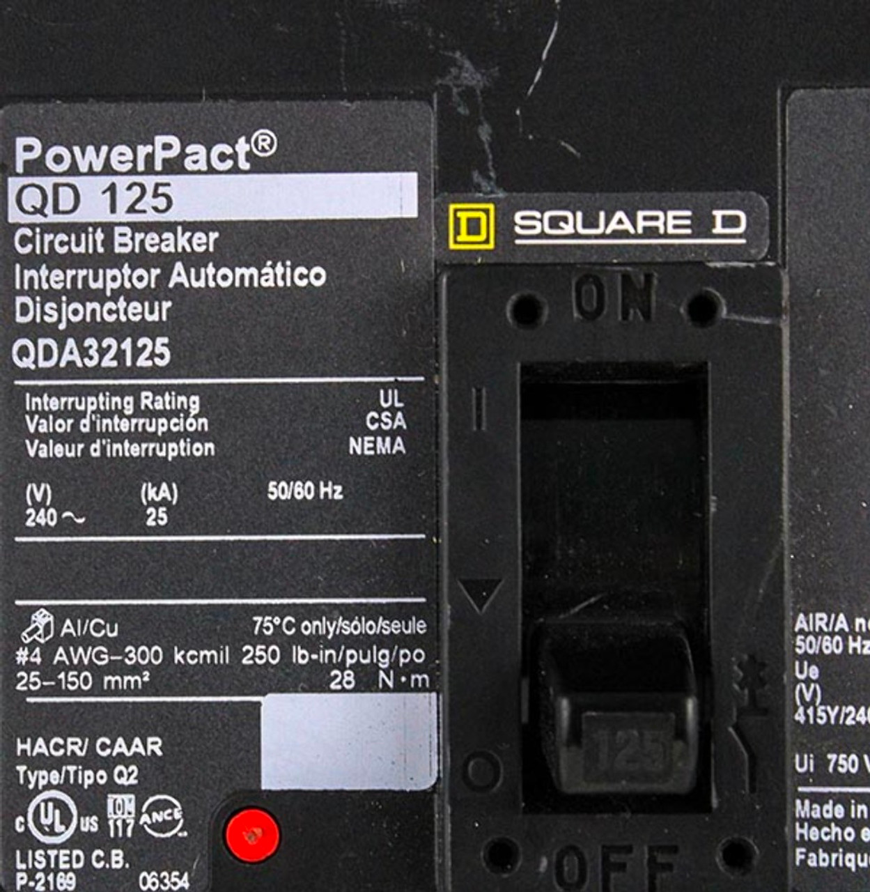 Square D QDA32125 Breaker 125A 240V 3P 25kA I-Line Thermal Magnetic