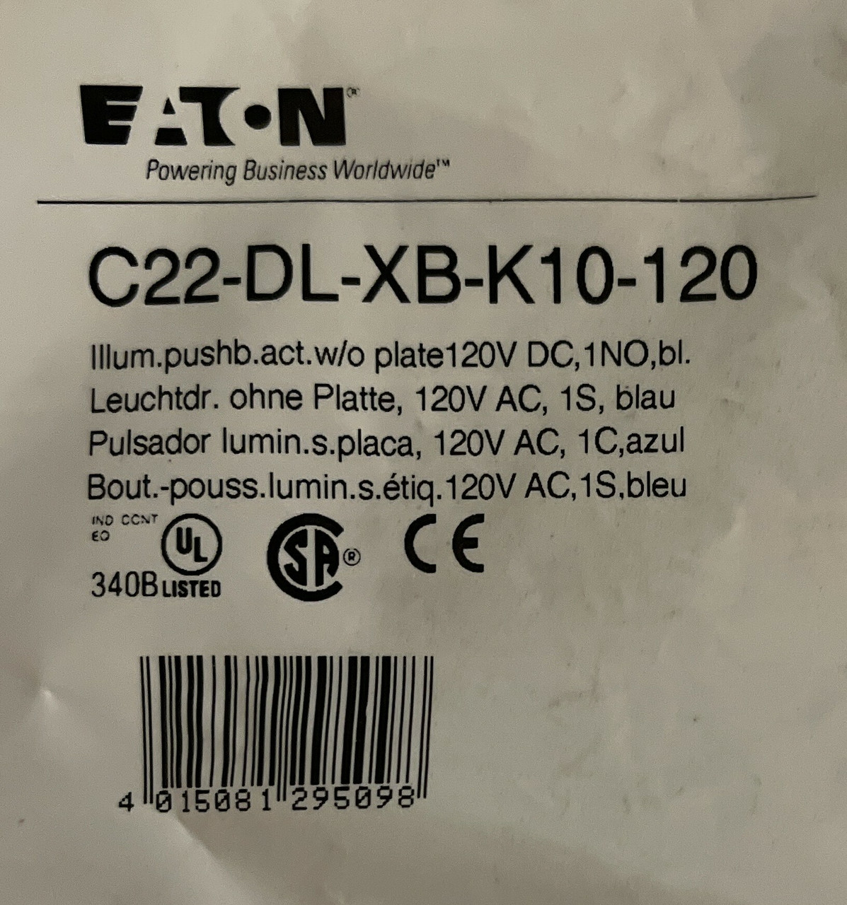 Eaton C22-DL-XB-K10-120 Compact Pushbutton 22.5 mm 120V 1NO Blue LED Illuminated