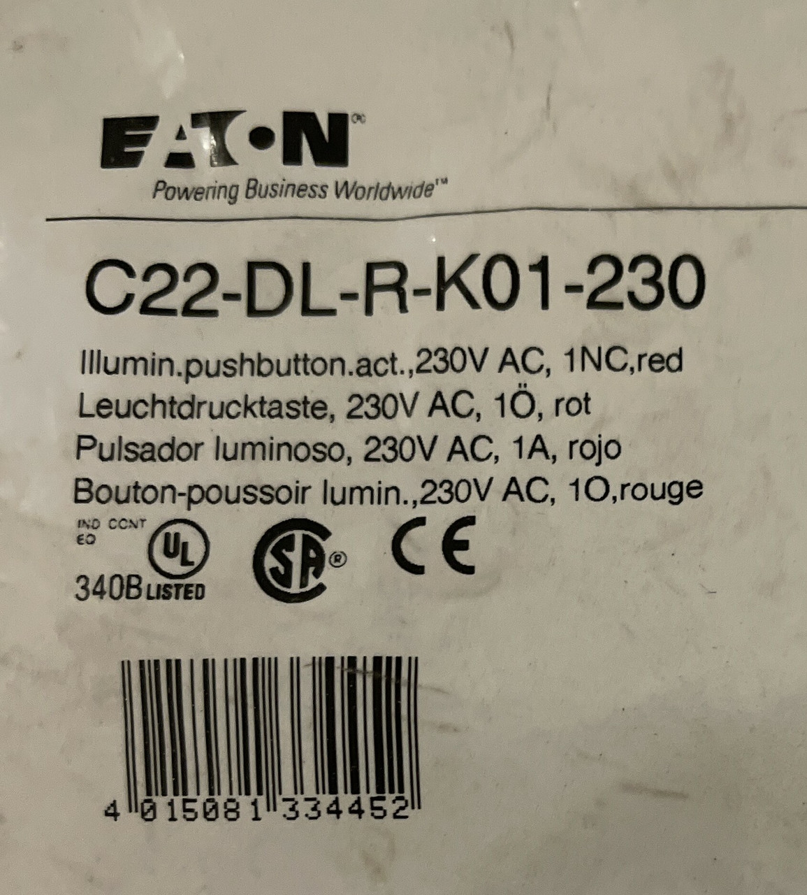 Eaton C22-DL-R-K01-230 Compact Pushbutton 22.5 mm 230V 1NC Red LED Illuminated