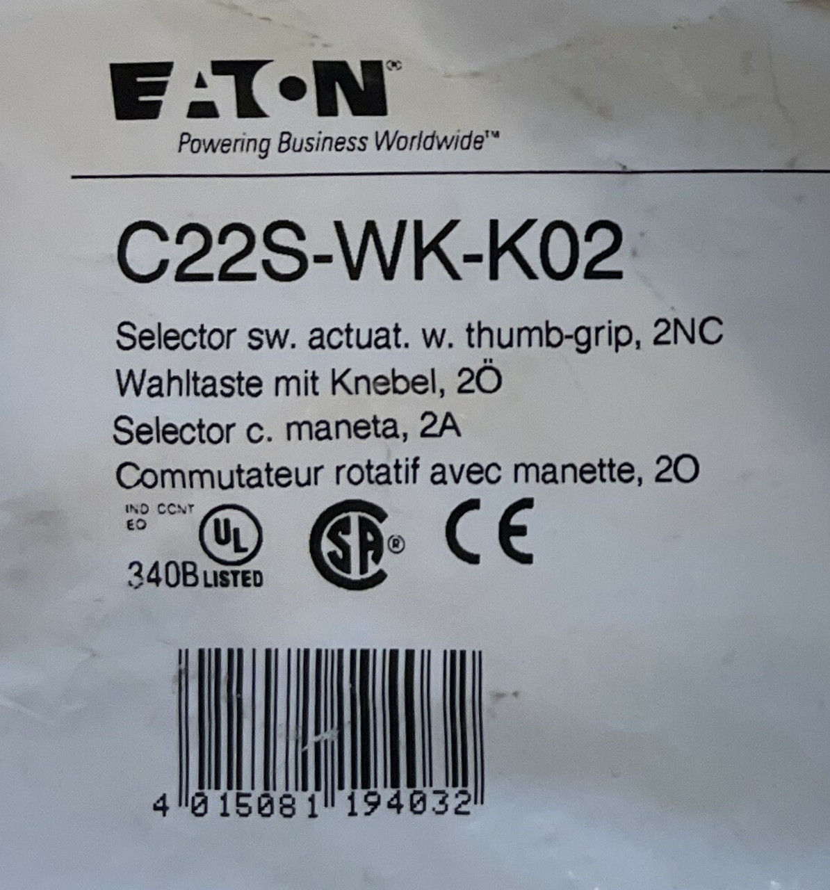 Eaton C22S-WK-K02 Compact Pushbutton 22.5 mm 2NC 3-Position Selector Switch