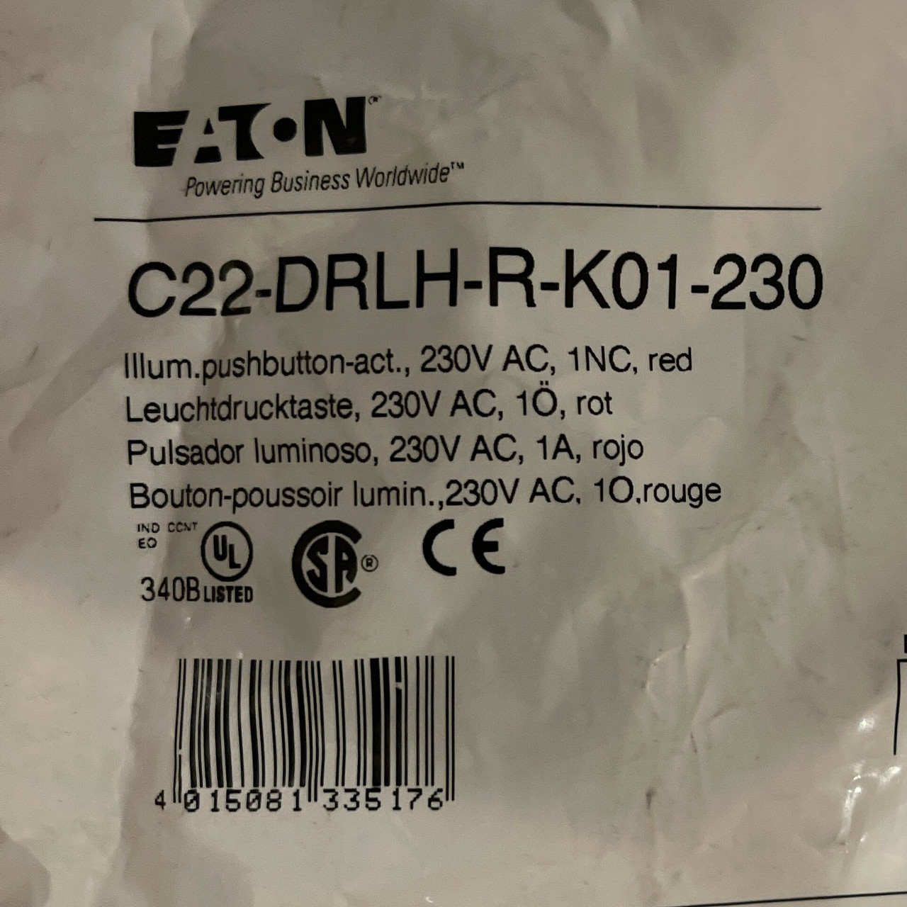 Eaton C22-DRLH-R-K01-230 Compact Pushbutton 22.5 mm 230V 1NC Red LED Illuminated