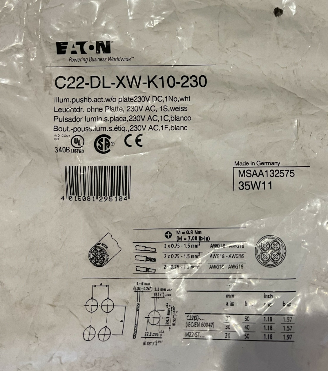 Eaton C22-DL-XW-K10-230 Compact Pushbutton 22.5 mm 230V 1NO White LED Illuminated