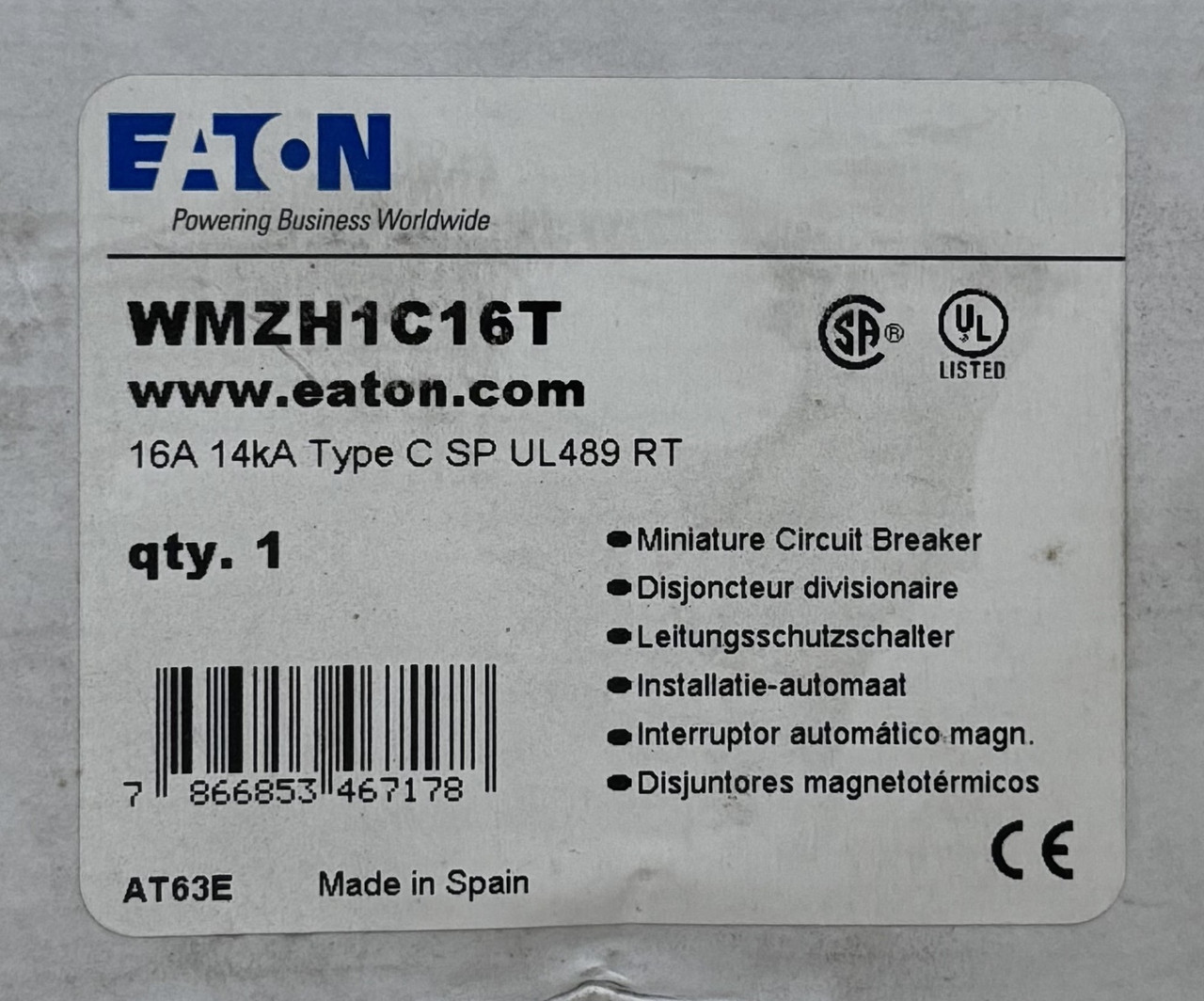Eaton WMZH1C16T Miniature Circuit Breaker | 16A | 1-Pole | 277V AC | 14kA | DIN Rail Eaton WMZH1C16T Miniature Circuit Breaker | 16A | 1-Pole | 277V AC | 14kA | DIN Rail