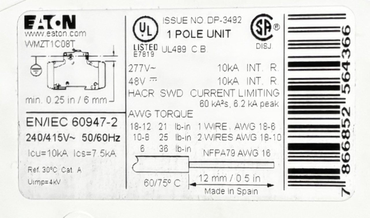 Eaton WMZT1C08T Miniature Circuit Breaker | 1-Pole | 8A | 277V AC | 10kA | DIN Rail Eaton WMZT1C08T Miniature Circuit Breaker | 1-Pole | 8A | 277V AC | 10kA | DIN Rail