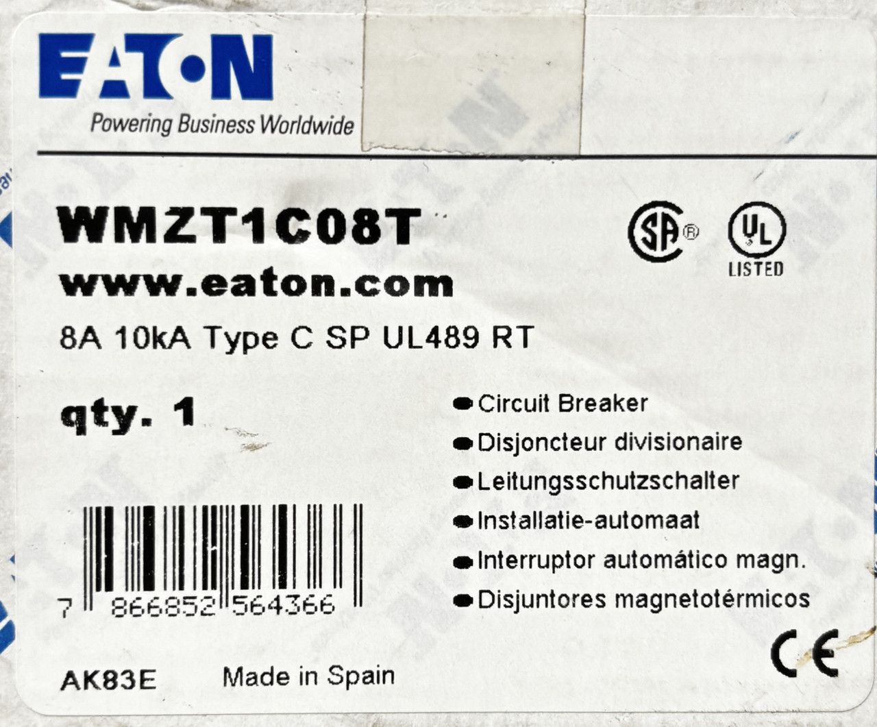 Eaton WMZT1C08T Miniature Circuit Breaker | 1-Pole | 8A | 277V AC | 10kA | DIN Rail Eaton WMZT1C08T Miniature Circuit Breaker | 1-Pole | 8A | 277V AC | 10kA | DIN Rail