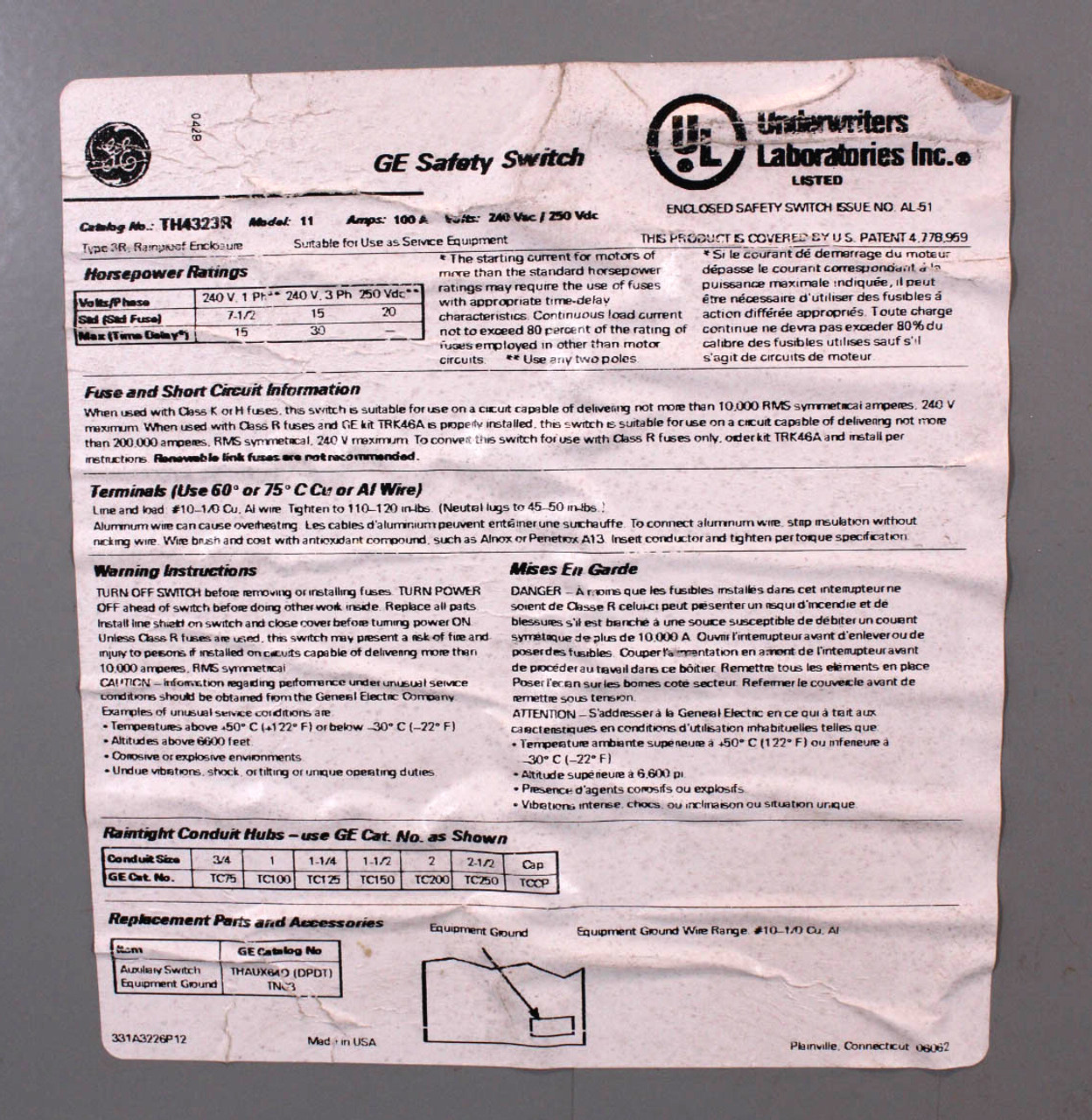 General Electric TH4323R Disconnect Safety Switch 100A 240V 3P Fusible NEMA 3R