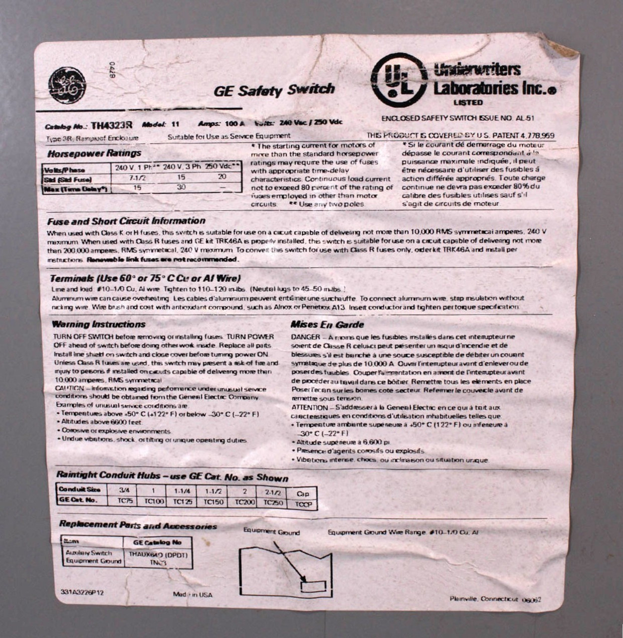 General Electric TH4323R Safety Switch | 100A | 240V | 3-Pole | Fusible | NEMA 3R