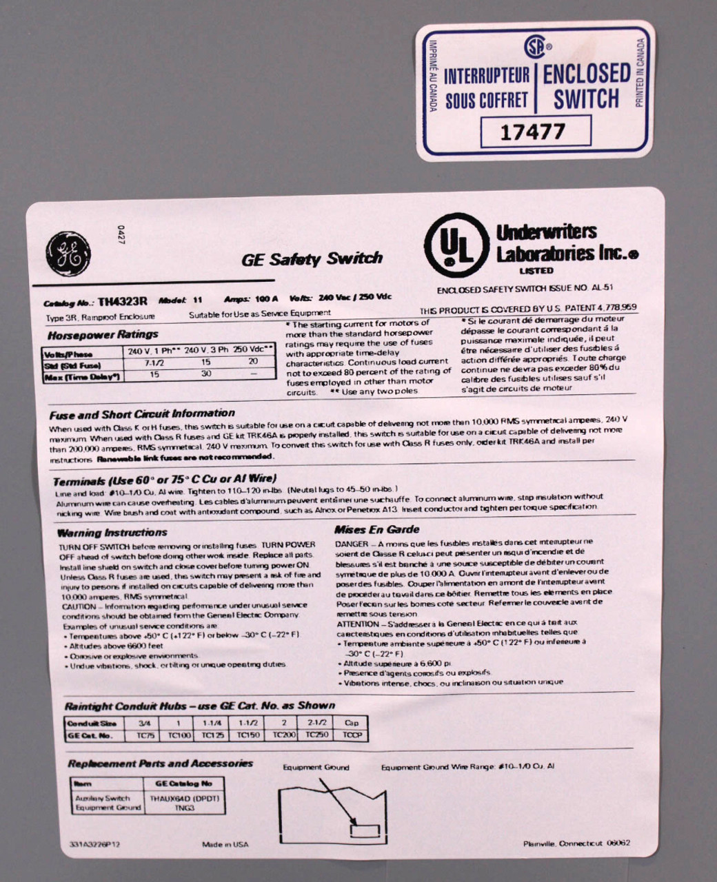 General Electric TH4323R Disconnect Safety Switch - 100A 240V NEMA 3R Fusible 3P