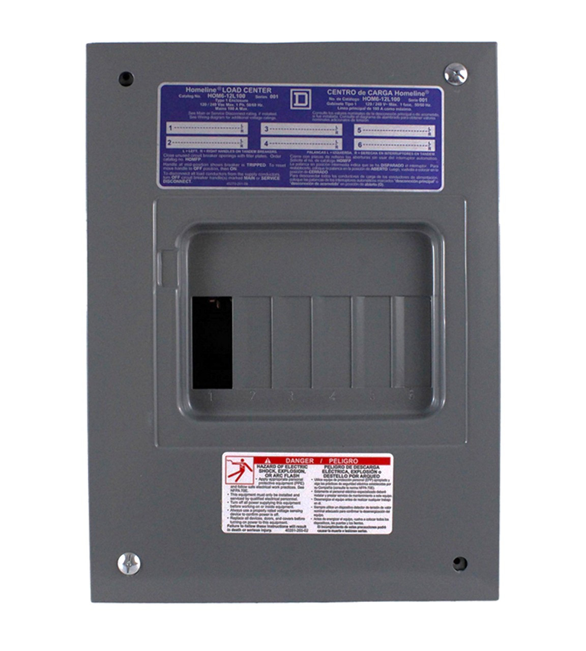 Square D HOM612L100FCP Main Lug Load Center | 100A | 6 Spaces | 1PH | 120/240V | NEMA 1 | Flush Cover