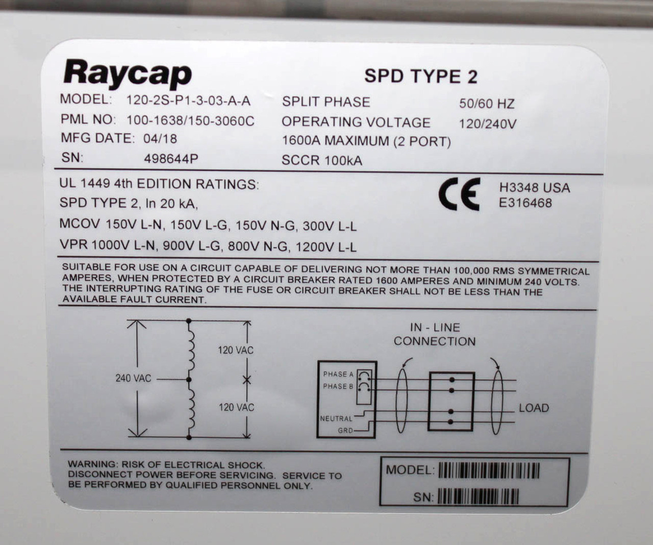 Raycap ALPHATVSS 120-2S-P1-3-03-A-A Surge Protective Device 1600A 120/240V 100kA