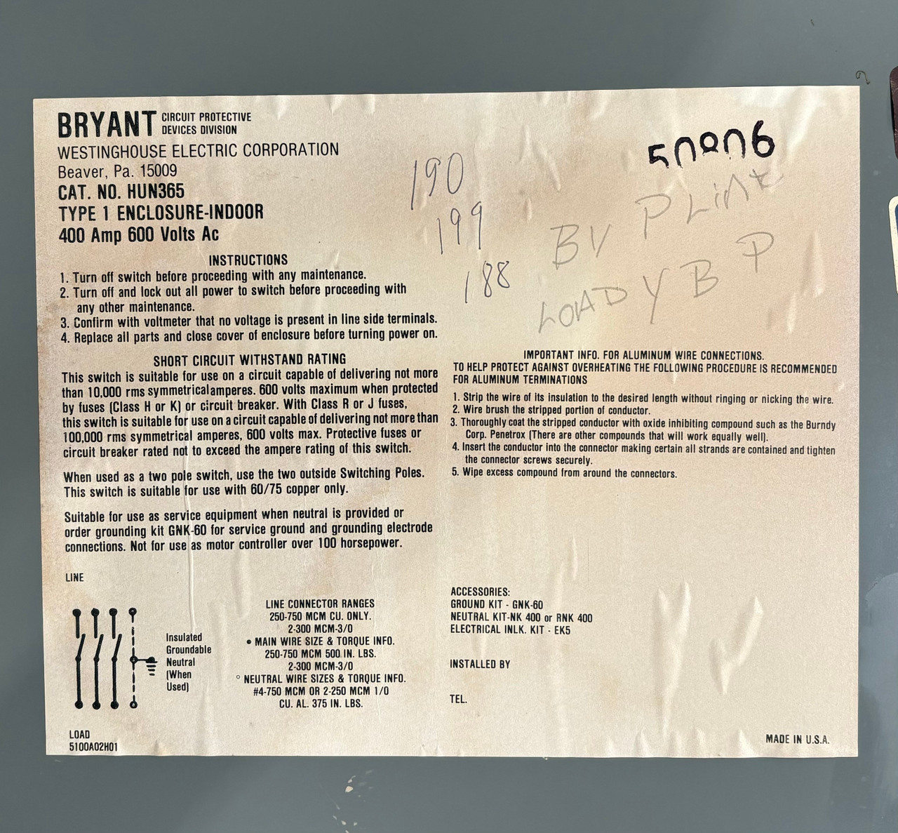 Westinghouse HUN365 Non-Fusible Disconnect 400A 600V 3Ph NEMA Type 1
