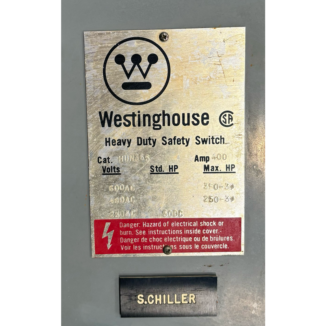 Westinghouse HUN365 400A 600V 3-Phase Non-Fusible Disconnect NEMA 1