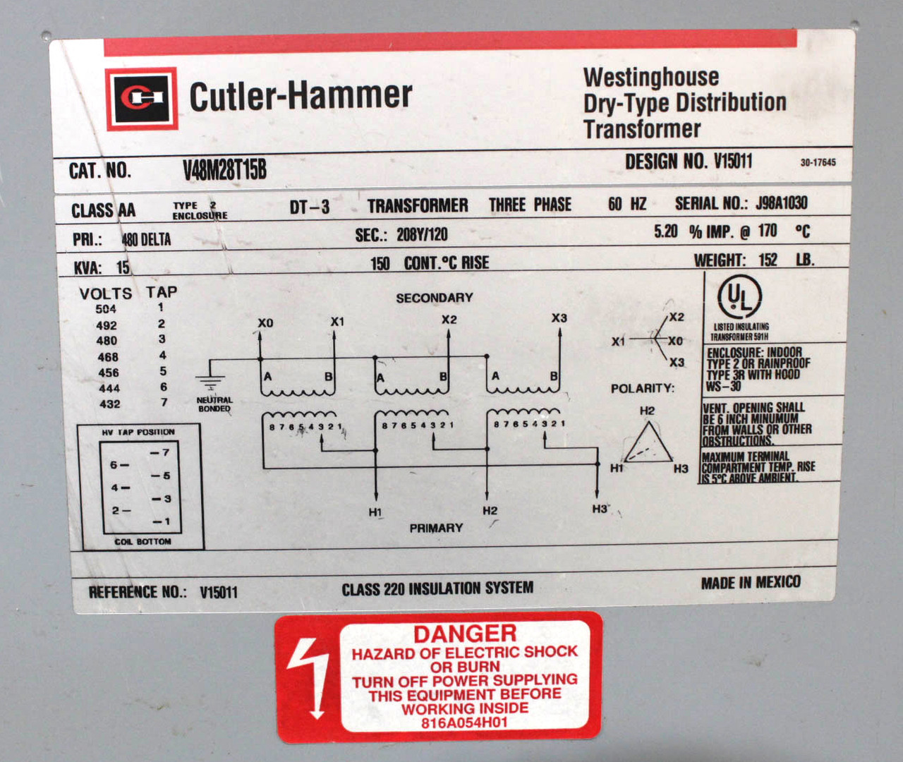 Cutler Hammer V48M28T15B Transformer 15kVA Pri: 480V Sec: 208Y/120 3PH