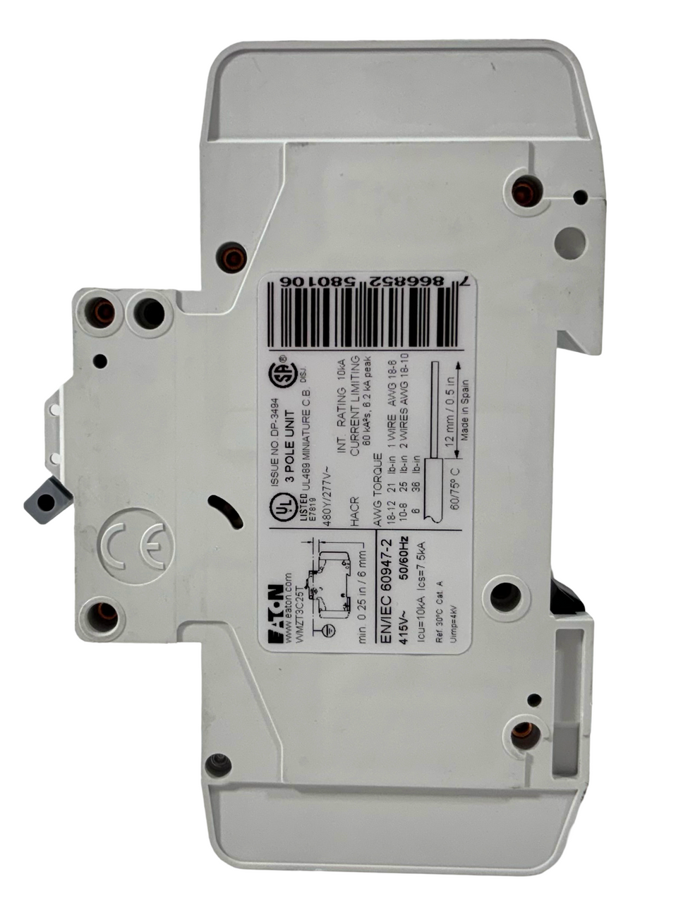 Eaton WMZT3C25T Breaker 25A 10kA 480Y/277V 3P 3PH C Curve DIN Rail