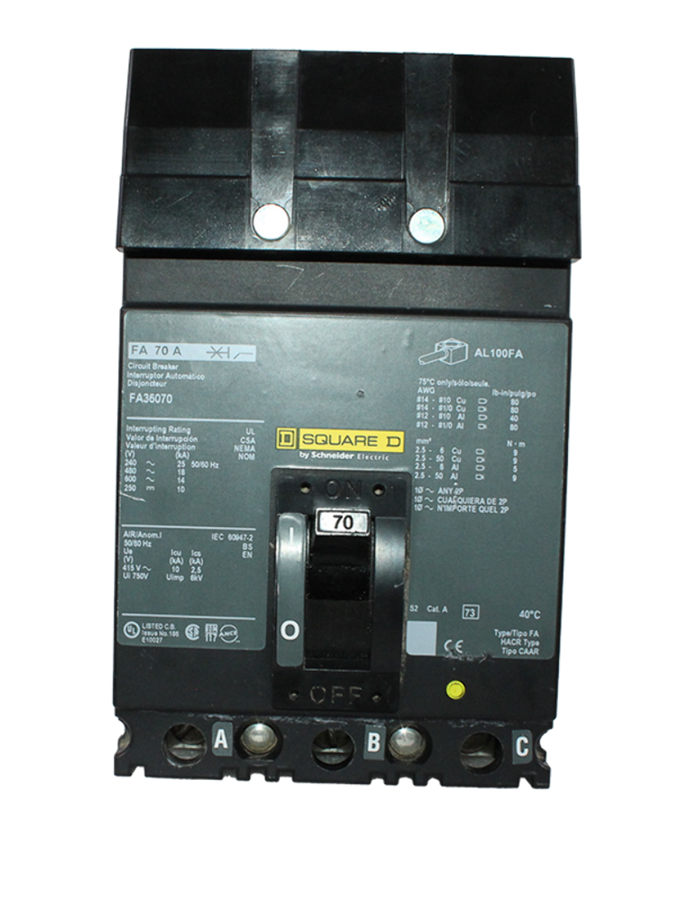 Square D FA36070 Circuit Breaker 70A 600V 3P 14kA