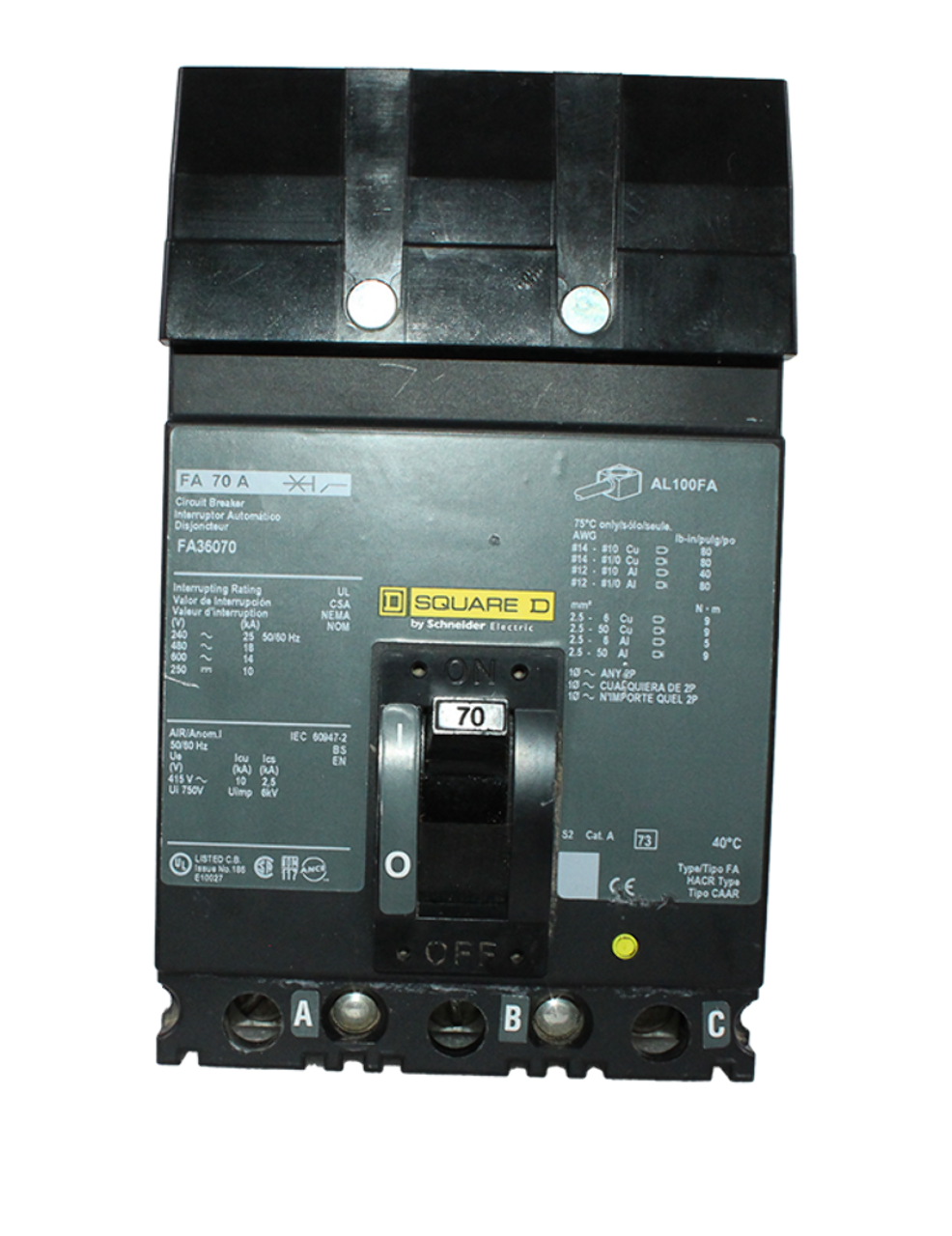 Square D FA36070 Circuit Breaker | 70A | 600V | 3-Pole | 14kA | I-Line