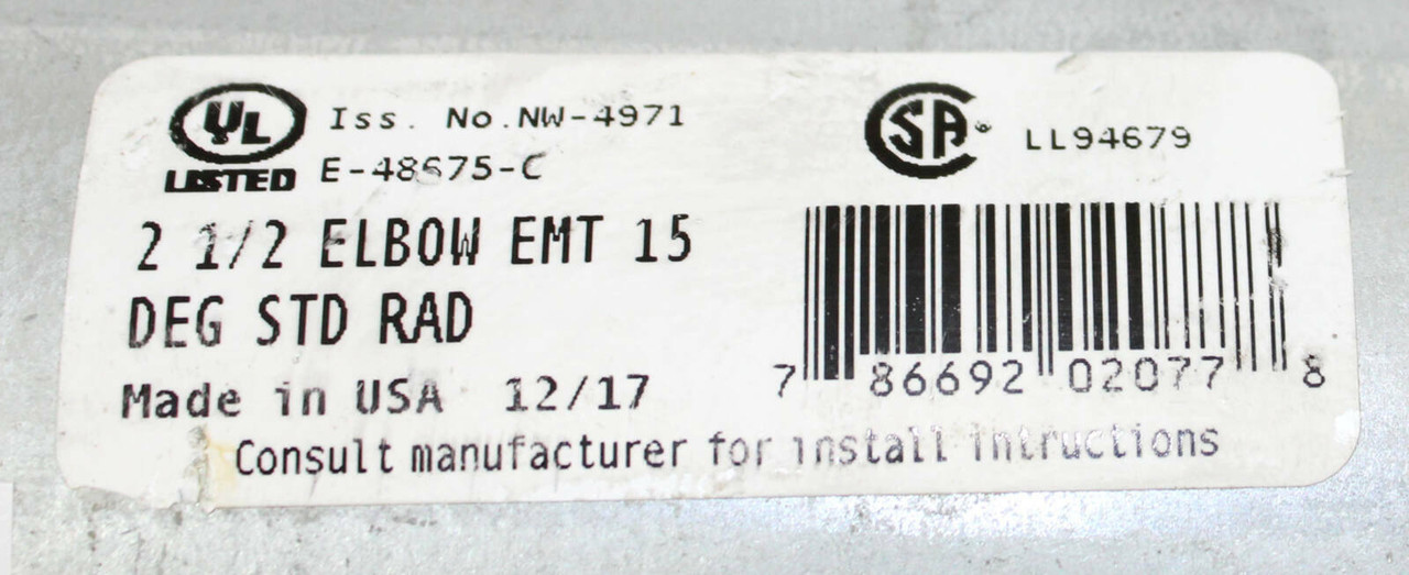 Wheatland 8240 Elbow Material: Steel Diameter: 2-1/2 Inches 15 Deg, EMT STD RAD