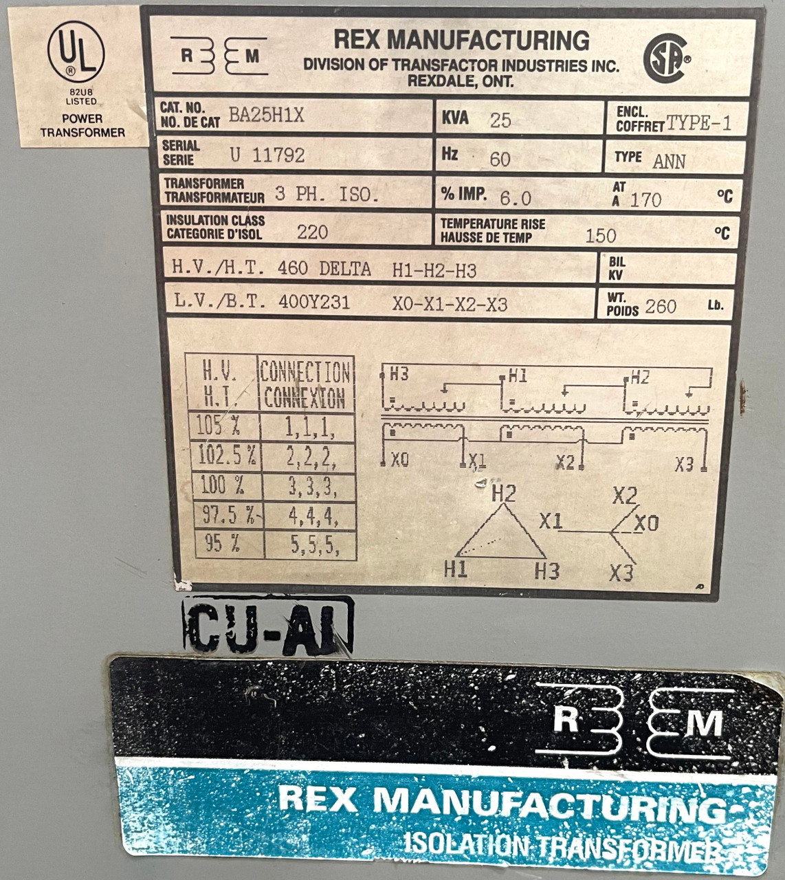 Rex Manufacturing BA25H1X Transformer 25kVA Pri: 460V Sec: 400Y/231V 3PH Type 1
