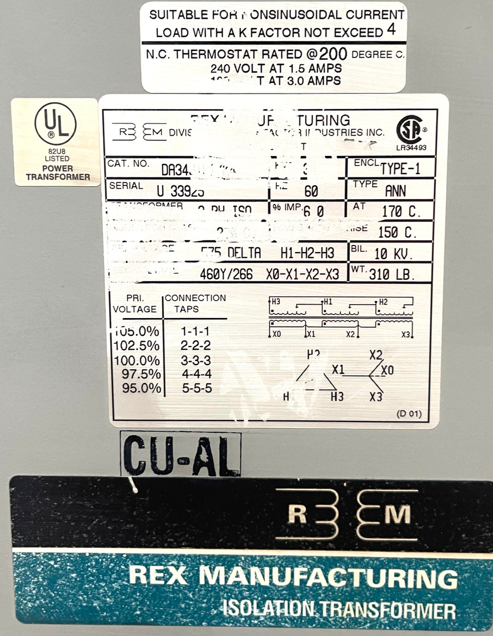 Rex Manufacturing DA34J1P1 Transformer 34kVA Pri: 575V Sec: 460Y/266 3PH