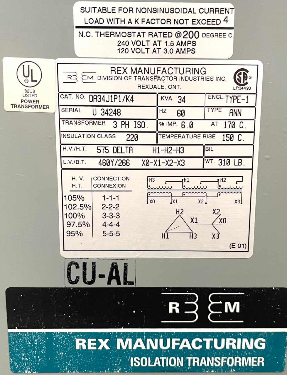 Rex Manufacturing DA34J1P1/K4 Transformer 34kVA Pri: 575V Sec:460Y/266 3PH Type1
